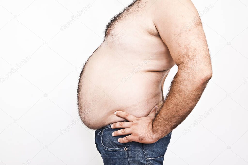 Body part of  fat man with a big hairy belly.