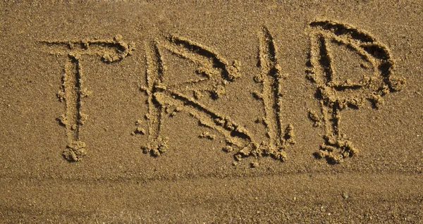 Concept Conceptual Trip Text Handwritten Sand — Stock Photo, Image