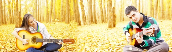 Pár Baví Hraje Dvě Akustické Kytary Podzimním Lese — Stock fotografie