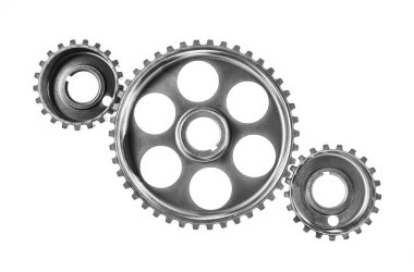 Takım çalışması konsepti - 3 metal teçhizatın üst görünümü beyaz arka planda izole edilmiş. gerçek fotoğraf.