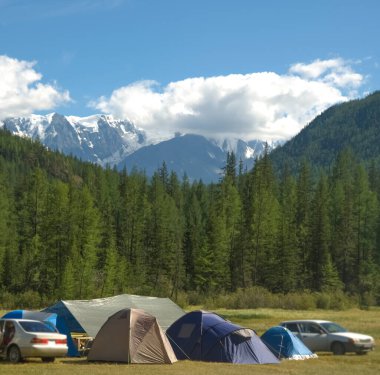 Birçok çadır turistik yerlerde, dağlarda ve çam ormanlarında. Altai, Rusya. Dağ arka planında turist çadırları. Yaz kampı. Karla kaplı dağ zirveleri.