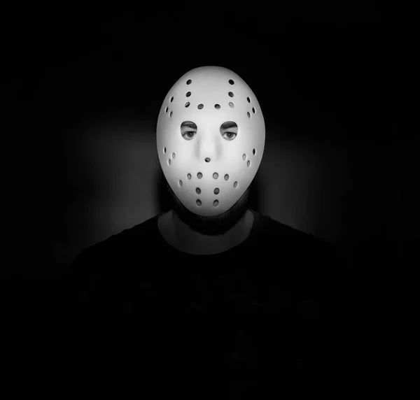 Scary Hockey White Mask Young Man Isolated Black Background Nightmare — Stock Photo, Image