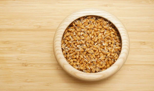 小麦芽在木制碗 隔离在木材上 顶部视图 空的复制空间 健康营养 — 图库照片