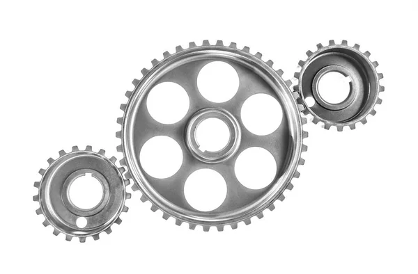 团队合作的概念 顶部视图3个金属齿轮隔离在白色背景的模型 真正的照片 — 图库照片