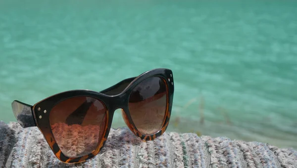 Concept Image Summer Holidays Beach Scene Sunglasses Sofa Coach Closeup — Stock Photo, Image