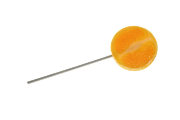 Shaped Red Lollipop Isolated White Background Orange Flavor Friut Slice — Stock Photo, Image