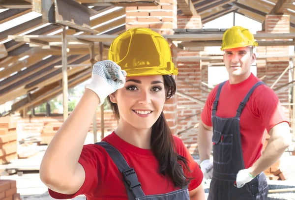 Working Couple Family Woman Man Two Young Adult Builders Background — Stock Photo, Image