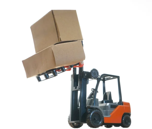 Orange Forklift Model Two Carton Boxes Isolated White Background Courier — Stock Photo, Image