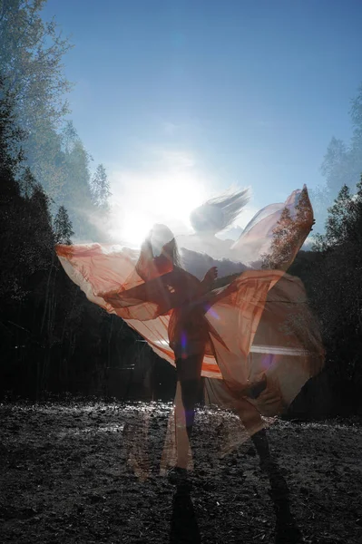 Portrait Femme Romantique Dans Forêt Coucher Soleil Fée — Photo