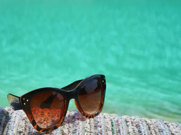 Concept Image Summer Holidays Beach Scene Sunglasses Sofa Coach Closeup — Stock Photo, Image