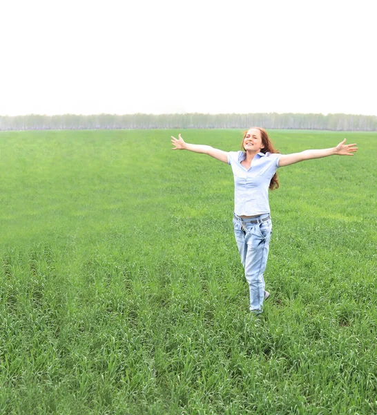 Mujer Pelirroja Feliz Sonriente Alegre Con Las Manos Arriba Bailando —  Fotos de Stock