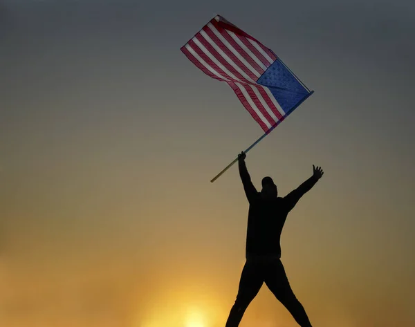 Man Jumping American Flag Man Silhouette Sunset Having Fun Happiness — Stock Photo, Image