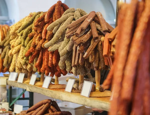 german sausages at street food market in Germany. Traditional european sausages with pork and beef, delicious spicy street food.