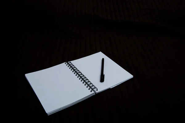 Open notebook om met een pen op een donkere achtergrond te wijzen — Stockfoto