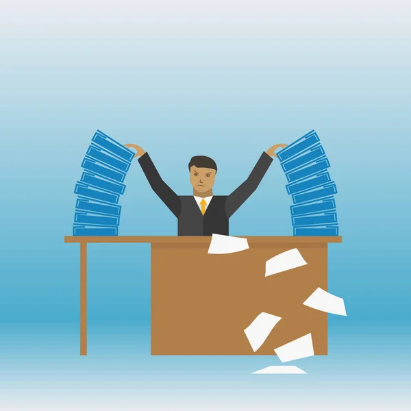 Homme d'affaires avec une pile de documents sur sa table illustration vectorielle — Image vectorielle