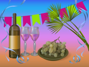 Şarap parti konsept illüstrasyon - gözlük ve üzüm ile vektör şarap şişe