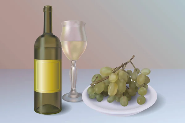 Fundo de vetor de vinho branco. Garrafa de vinho com copo e prato cheio de uvas — Vetor de Stock