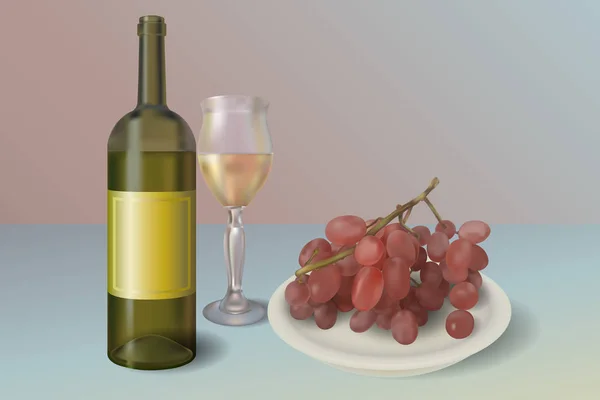 Tło wektor wino. Butelka ze szkła i płyty pełne czerwonych winogron — Wektor stockowy