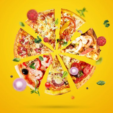 Pizza dilimleri lezzetli sinek, domates peyniri kekik, zeytin, restoran, gerçek fesleğen, soğan.
