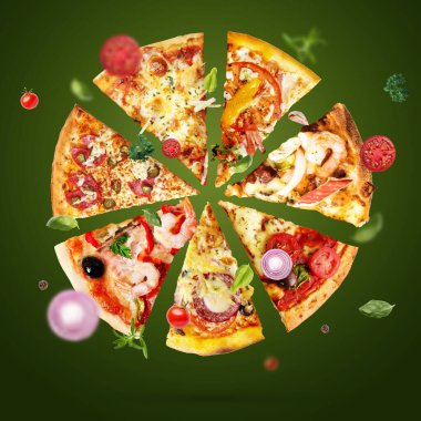 Pizza dilimleri lezzetli sinek, domates peyniri kekik, zeytin, restoran, gerçek fesleğen, soğan.