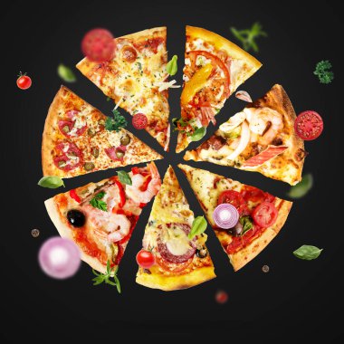 Pizza dilimleri lezzetli sinek, domates peyniri kekik, zeytin, restoran, gerçek fesleğen, soğan.