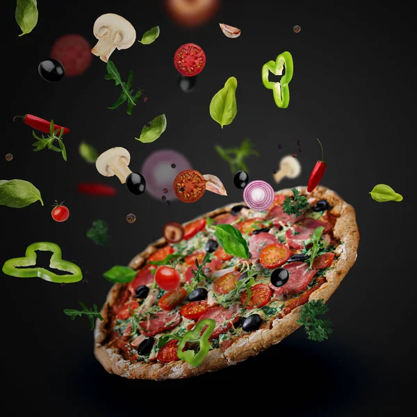 Pizza Voadora Com Ingredientes Fundo Colorido Vegetal Carne Manjericão Orégano — Fotografia de Stock