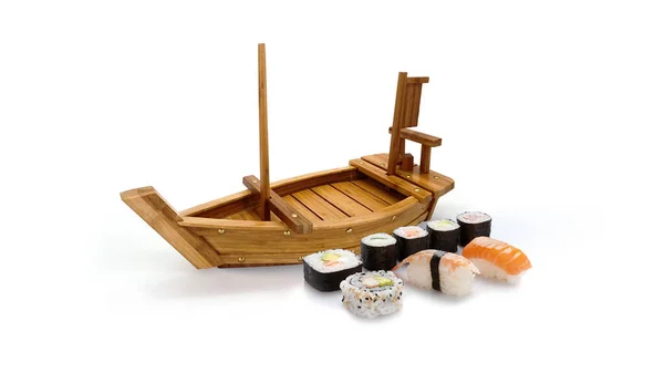 Repülő Sushi Készlet Asztali Hajó Japán Élelmiszer Sashimi Lazac Tonhal — Stock Fotó