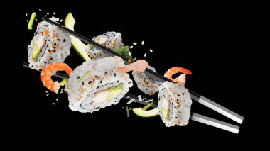Chopsticks Uçan Suşi Japon yemeği saşimi somon balığı ve ton balıklı pilav.