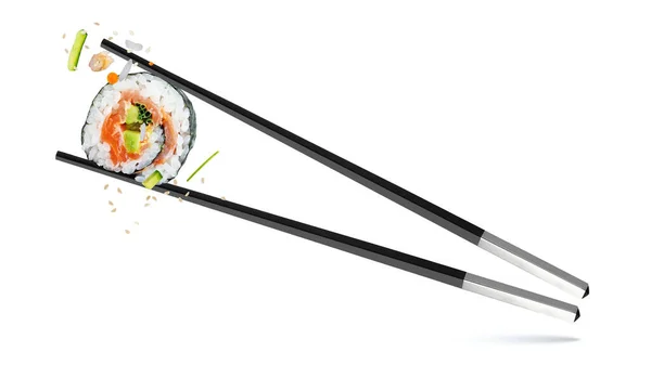 Chopsticks Flying Sushi Set Japan Food Sashimi Salmón Arroz Delicioso —  Fotos de Stock
