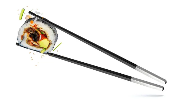 Chopsticks Flying Sushi Set Japans Eten Sashimi Zalm Tonijn Rijst — Stockfoto