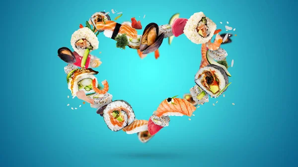 Sushi Volante Conjunto Amor Corazón Japan Alimentos Sashimi Salmón Arroz —  Fotos de Stock