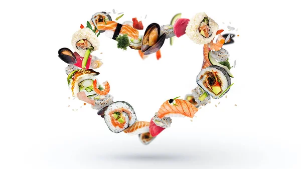 Sushi Voador Conjunto Amor Coração Valentine Japão Comida Sashimi Salmão — Fotografia de Stock