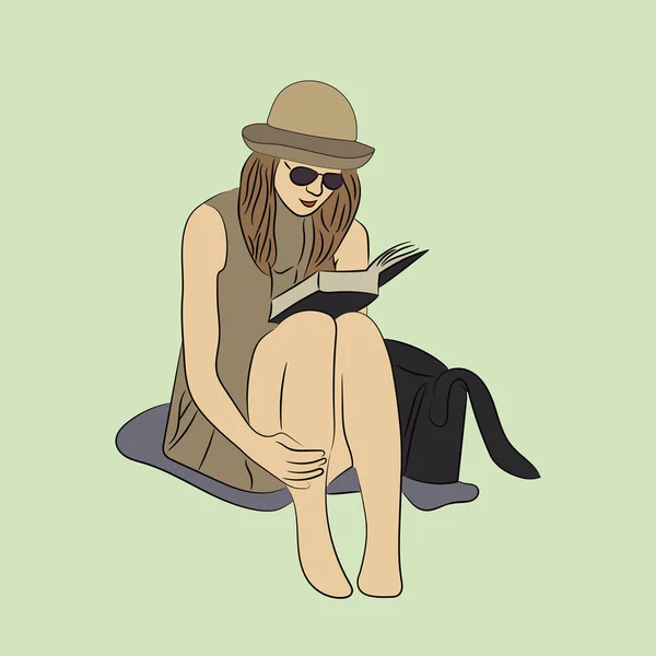 Chica Sentada Hierba Leyendo Libro Ilustración Bosquejo Vectorial — Archivo Imágenes Vectoriales