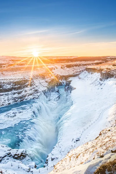 Vinter Soluppgång Ovanför Vattenfallet Gullfoss Island Gullfoss Ett Mest Populära — Stockfoto