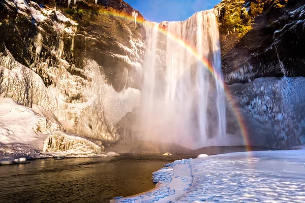 Skogafoss Vattenfall Island Bakom Fantastisk Regnbåge — Stockfoto