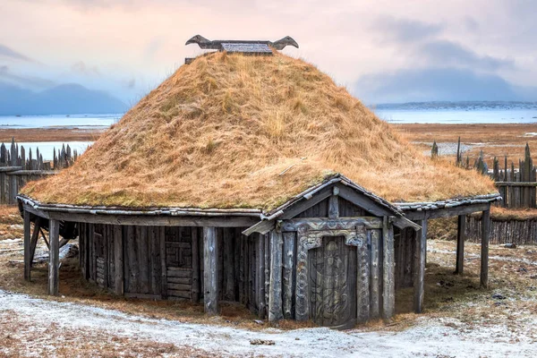 Casa Telhado Relva Viking Tradicional Perto Hofn Islândia — Fotografia de Stock