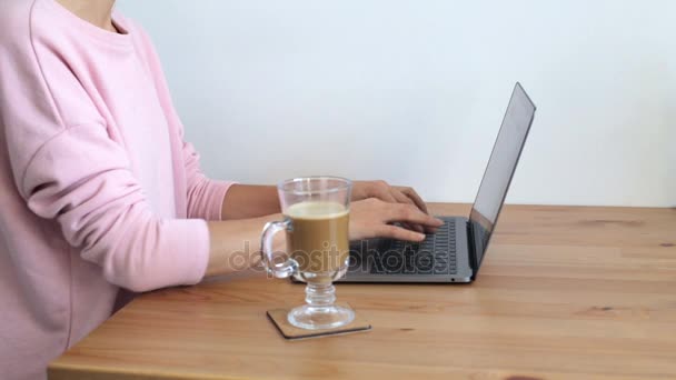 Frau tippt auf einer modernen Laptop-Tastatur — Stockvideo