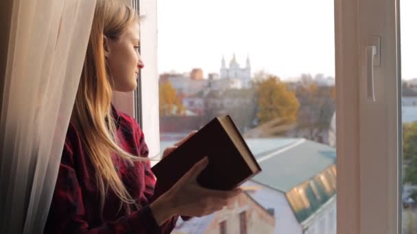 Portret van een jonge vrouw die een boek in de buurt van het venster leest — Stockvideo