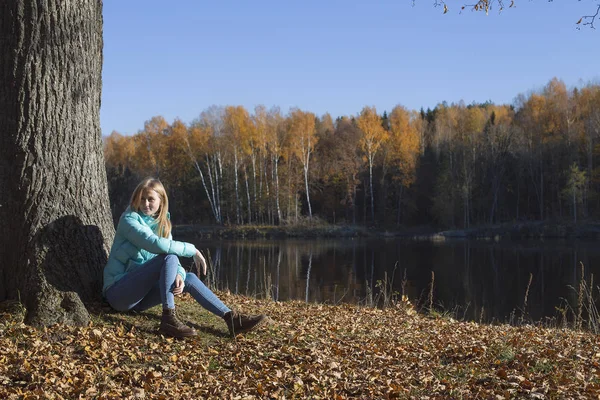 Sonbahar Park ağacın altında oturan güzel kadın