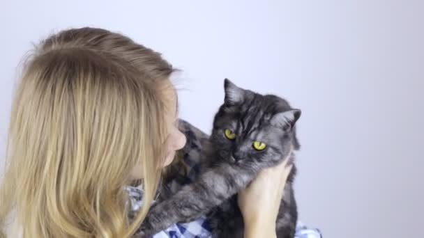 Mulher loira bonita com um gato britânico tabby olhando para a câmera — Vídeo de Stock