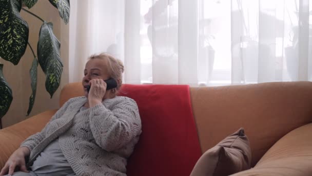 Gamla mormor pratar på telefon sitiing på soffan — Stockvideo