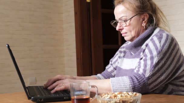 Yaşlı kadın onu laptop kullanarak sosyal ağlarda iletişim kurar. — Stok video