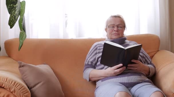 Babcia na sobie okulary czyta książkę i siedzi na kanapie — Wideo stockowe