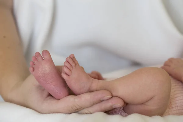 Yeni doğmuş bir bebeğin bacakları annesinin ellerinde. — Stok fotoğraf