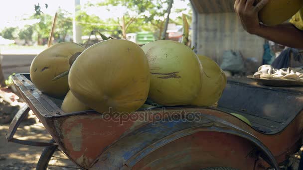 椰子卖家装载他的自行车拖车与串的椰子出售 (特写 ) — 图库视频影像