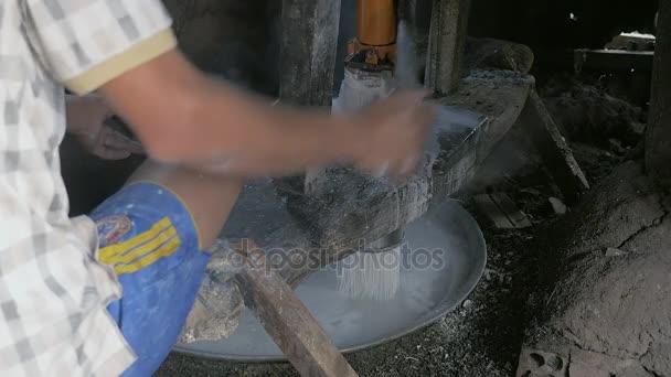 Изготовление рисовой лапши с помощью ручной прессовочной машины для разрезания рисового теста на полоски — стоковое видео