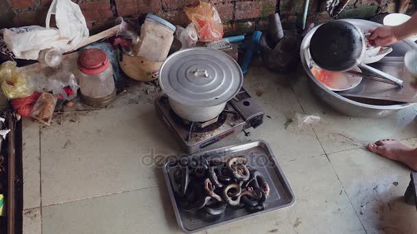 Bovenste deelvenster van een pot met kokend water en koken slangen — Stockvideo