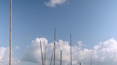 Rüzgarlı bir günde (tilt aşağı nehir kenarında el dokuması bambu balık tuzak )