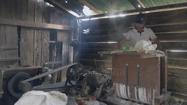 Homme goutte de pâte de riz balle à l'intérieur de la machine à pétrir — Video