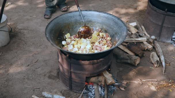 Mexer-fritar legumes com carne de porco em um wok em um grande carvão vegetal e fogão braseiro a lenha ao ar livre — Vídeo de Stock